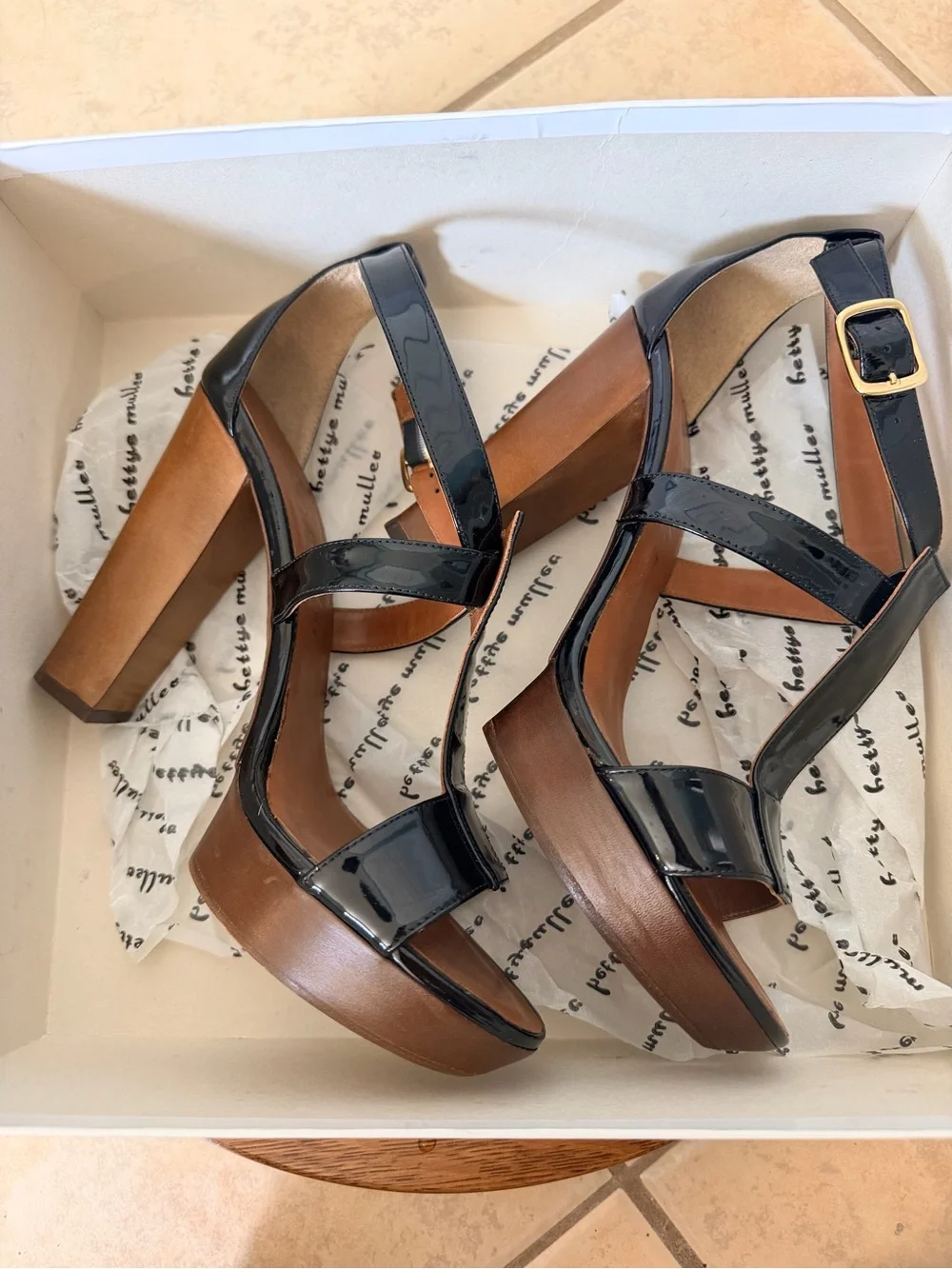 Bettye Muller Retro Black Patent Platform Sandals with Wood-Effect Block 4” Heel